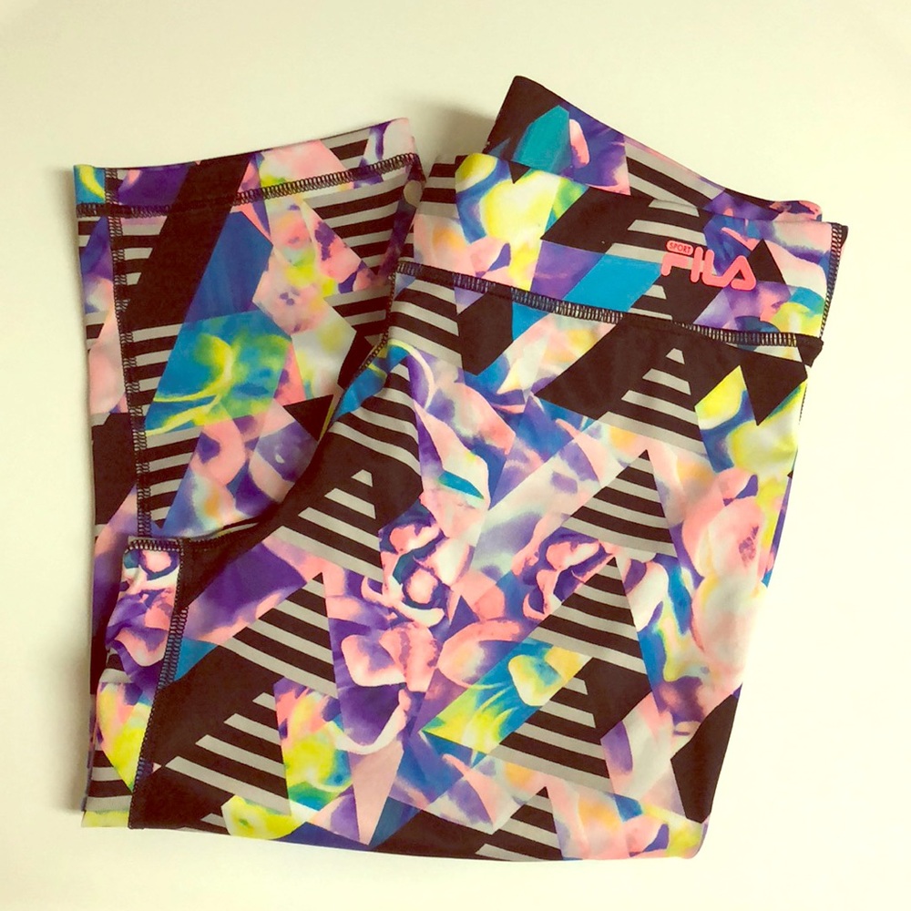 FILA Women's Crop Capri Leggings Geometric Triangle Neon Aztec Run Pants Size M